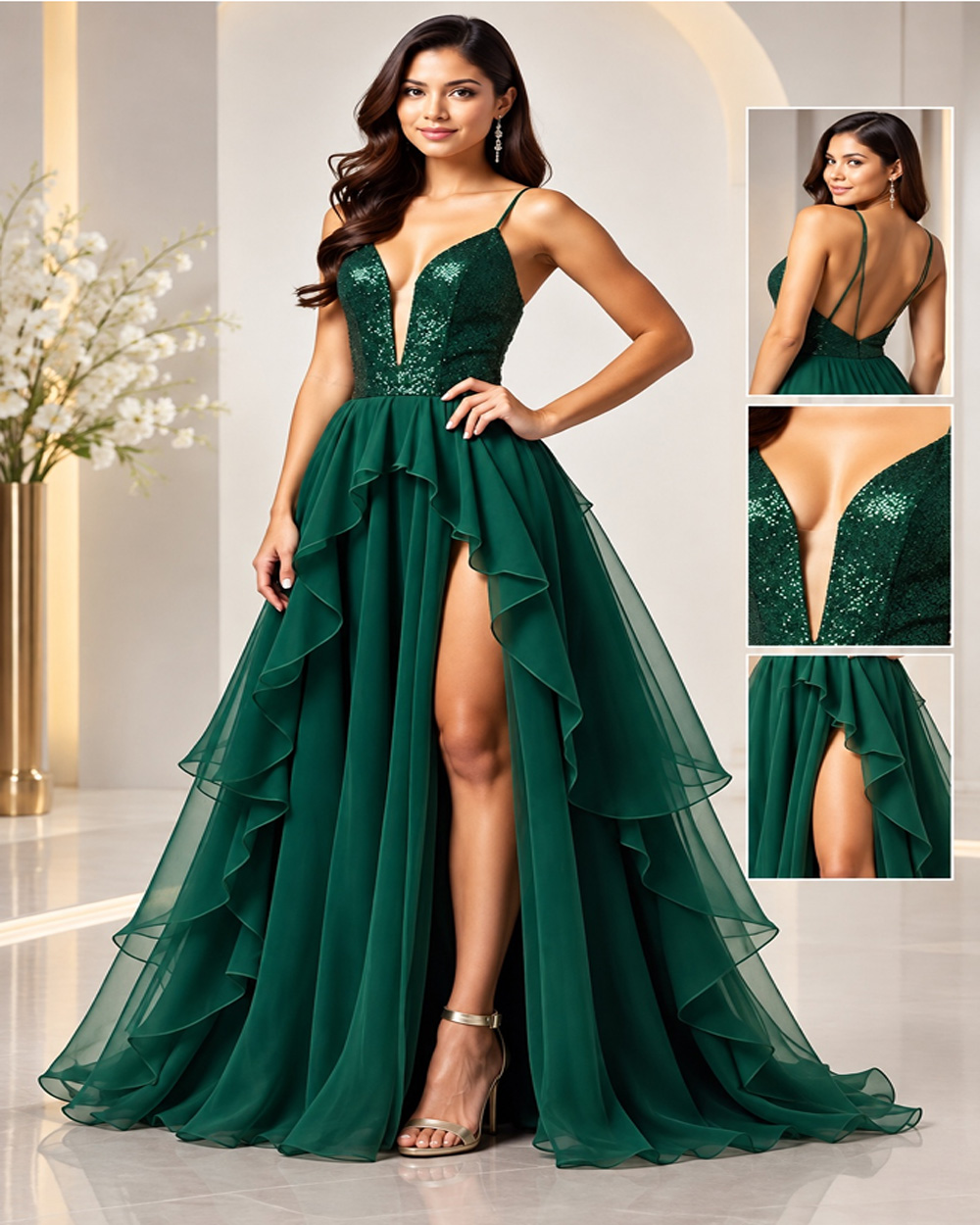 Detalle de tela y movimiento de un vestido de gala